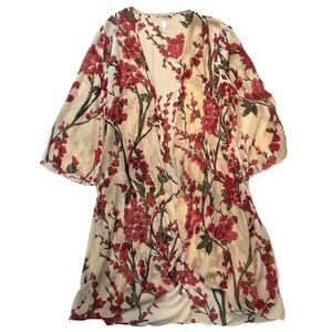 Floreat Cream and Floral Velvet Burnout Kimono - One Size